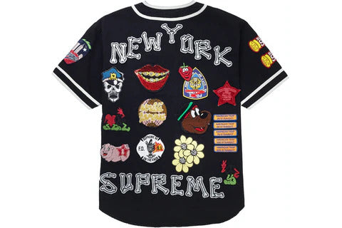 Supreme Patches Denim Baseball Jersey (Black)